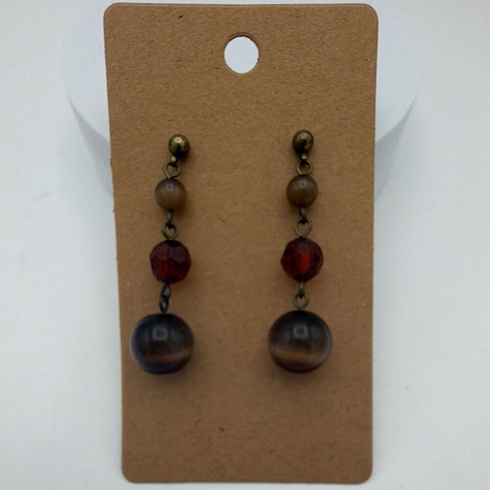 Brown Faceted & Round Glass Bead Dangle Drop Earrings Screw Back 2"